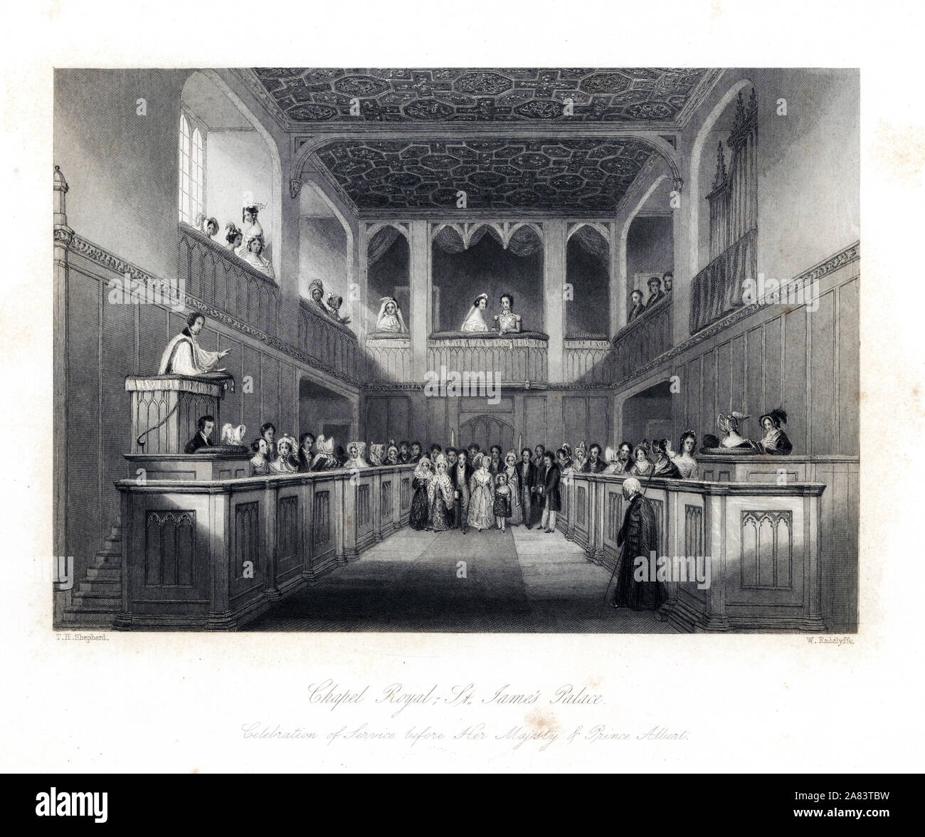 La reine Victoria et le Prince Albert à un service dans la Chapelle Royale, St James' Palace. Gravure sur acier par W. Radclyffe après une illustration par Thomas Hosmer Shepherd de London Interiors, leurs costumes et les cérémonies, Joshua Mead, Londres, 1841. Banque D'Images