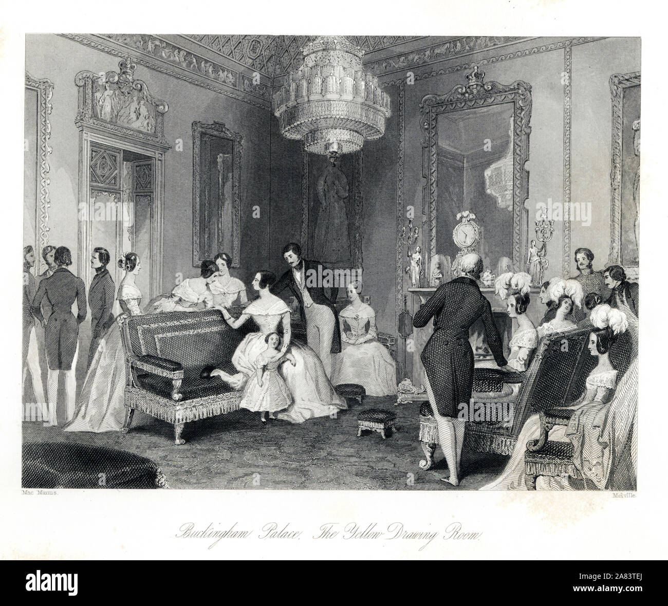 Famille royale soiree intime dans le salon jaune, le palais de Buckingham. La reine Victoria et le Prince Albert de détente à la maison. Gravure sur acier par Henry Melville après une illustration par MacManus à partir de London Interiors, leurs costumes et les cérémonies, Joshua Mead, Londres, 1841. Banque D'Images