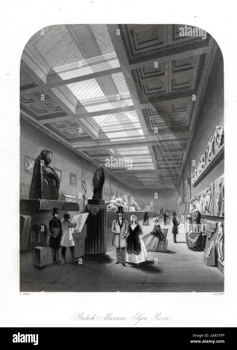 Salle du Parthénon au British Museum. La collection de lord Elgin péri statuary du Parthénon a été achetée par le gouvernement britannique en 1816. Gravure sur acier par Radclyffe après une illustration par Llewellyn Jewitt de London Interiors, leurs costumes et les cérémonies, Joshua Mead, Londres, 1841. Banque D'Images