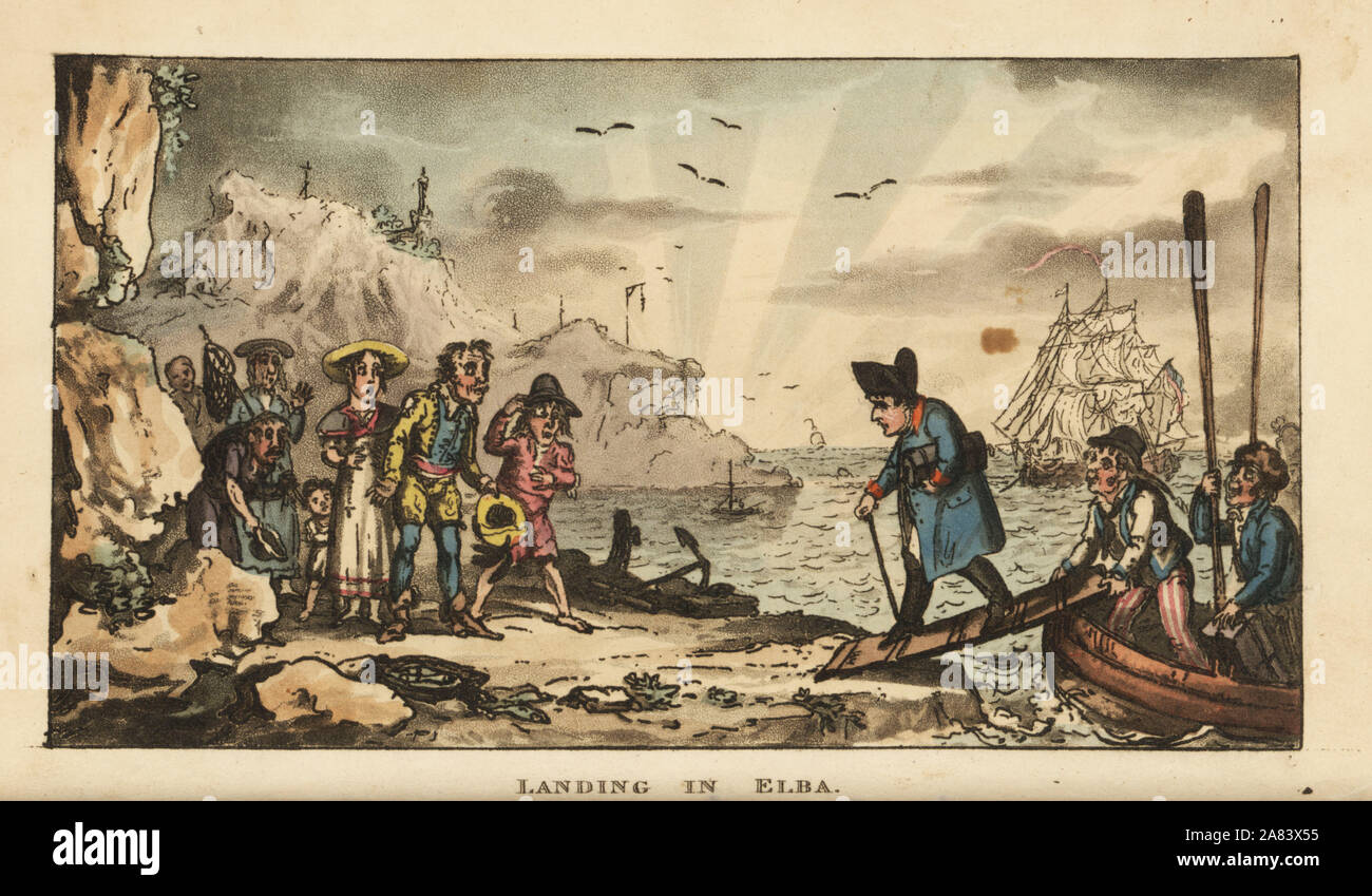 Napoléon Bonaparte arrivant sur l'île d'Elbe pour son exil, 1814. La gravure sur cuivre coloriée par George Cruikshank à partir de la vie de Napoléon une Hudibrastic Poème de médecin de la syntaxe, T. Tegg, Londres, 1815. Banque D'Images