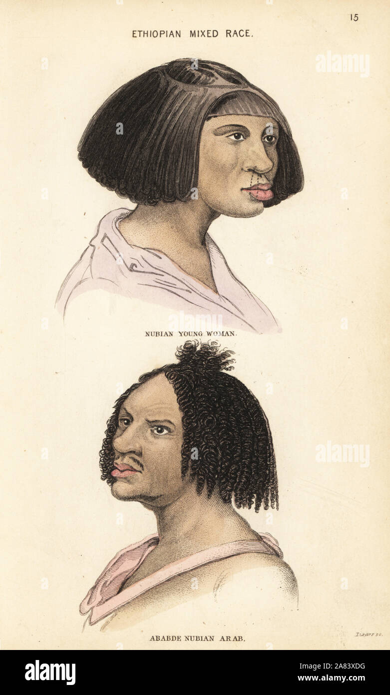 Jeune femme et homme Ababde nubien. Les personnes de race mixte de l'Éthiopie. Gravure coloriée par Lizars après une illustration par Charles Hamilton Smith, de son histoire naturelle de l'espèce humaine, Édimbourg, W. H. Lizars, 1848. Banque D'Images