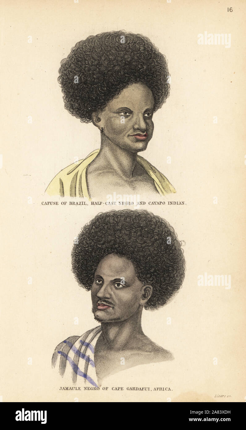 Homme Cafuse du Brésil et d'Afrique (Jamaule Kayapos) et man (arabes et africaines) du Cap Gardafui, la Somalie. Gravure coloriée par Lizars après une illustration par Charles Hamilton Smith, de son histoire naturelle de l'espèce humaine, Édimbourg, W. H. Lizars, 1848. Banque D'Images