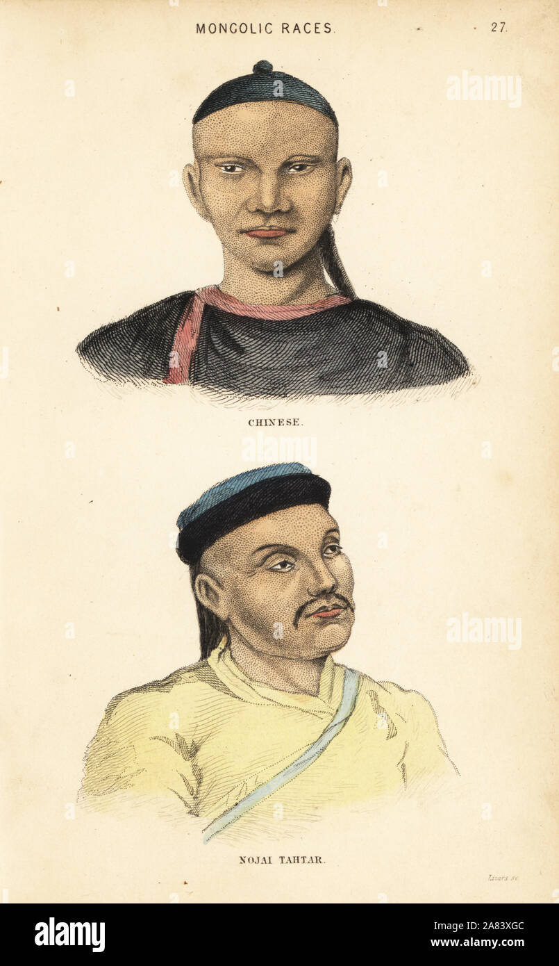 L'homme chinois et Tatars Nogai homme de la Horde. Mongolic courses. Gravure coloriée par Lizars après une illustration par Charles Hamilton Smith, de son histoire naturelle de l'espèce humaine, Édimbourg, W. H. Lizars, 1848. Banque D'Images