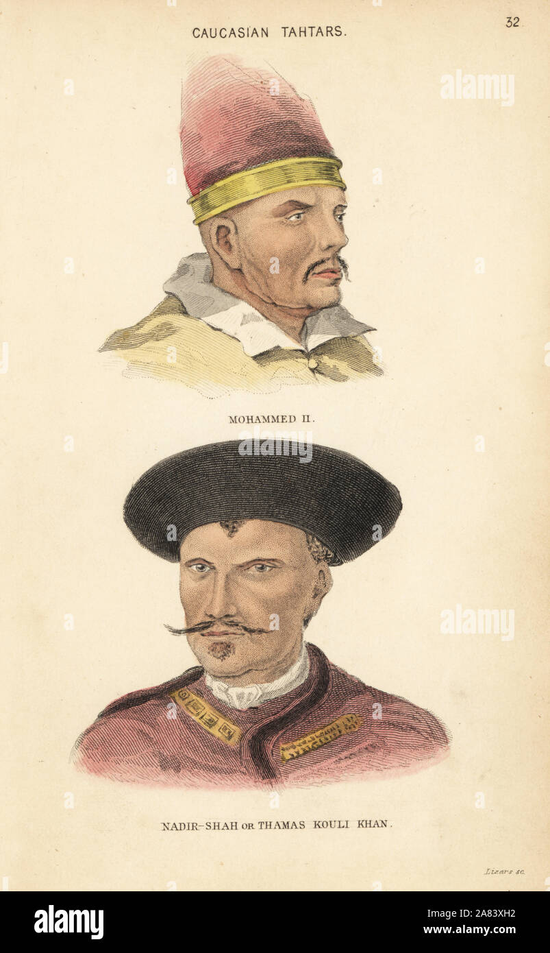 Portraits de Mohammed II ou Mehmet le Conquérant, sultan ottoman, montrant le caractère turc Ouralian, et Nadir Shah, ou Thamas Kouli Khan, ou l'esclave de Thamas, 18e siècle conquérant. Les Tatars caucasiens. Gravure coloriée par Lizars après une illustration par Charles Hamilton Smith, de son histoire naturelle de l'espèce humaine, Édimbourg, W. H. Lizars, 1848. Banque D'Images