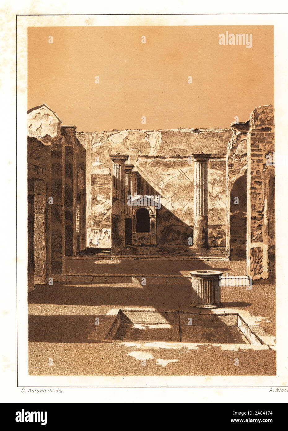 Vue de la Chambre de la poète tragique, Pompéi VI.8.5. Montrant l'impluvium, tablinum (pool), eh bien, péristyle (cour-jardin) et l'aedicula lararium (culte). Chromolithographie et illustration par G. Autoriello de Antonio Niccolini's Pompéi : Vues et des restaurations (Pompéi : Essaies et restaurations), publié par Zucchi & De Luca, Naples, 1898. Antonio était petit-fils de l'architecte Antonio Niccolini Sr. Banque D'Images