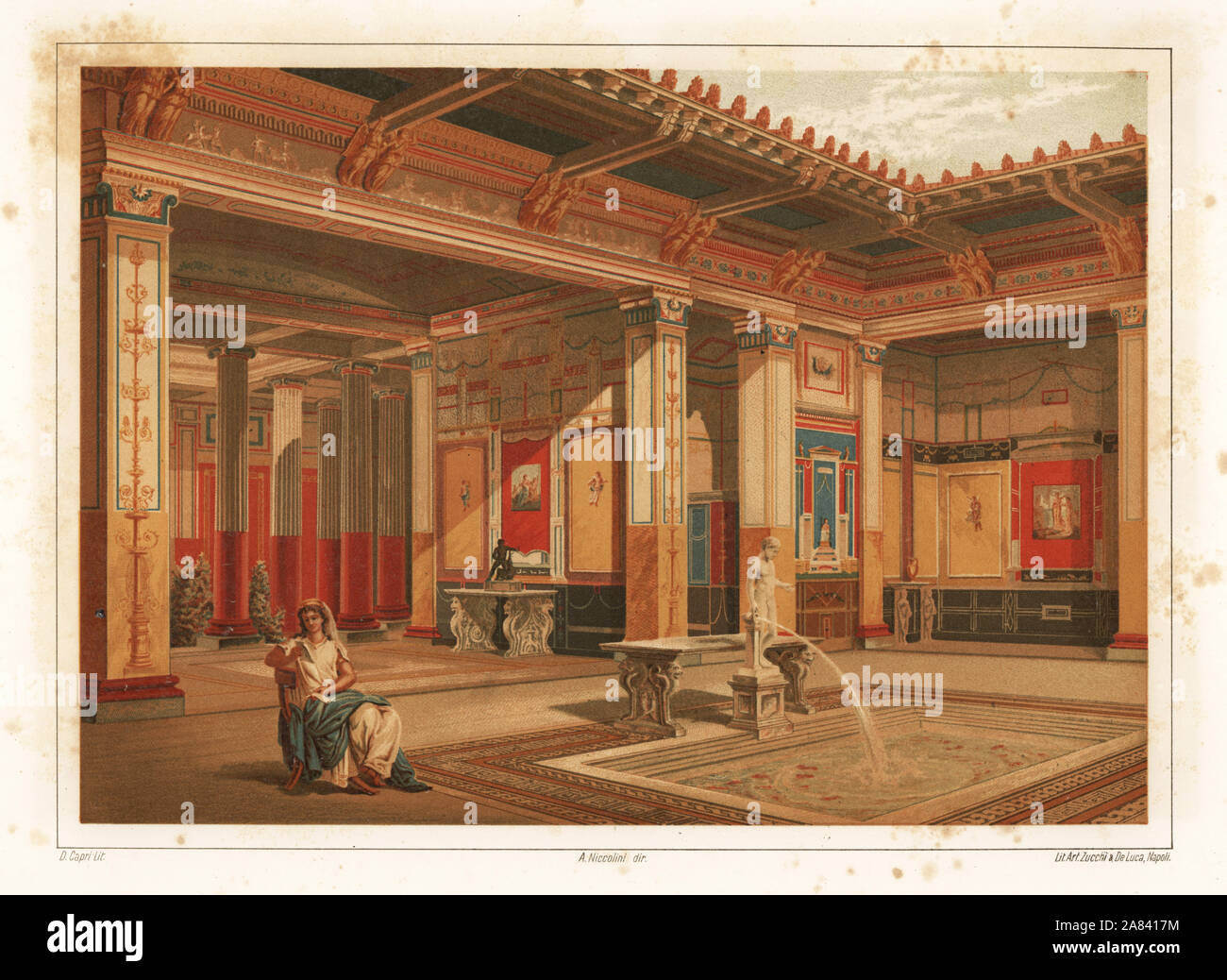 Intérieur d'une maison dans la Regio VIII, insula 2, Pompéi. Femme lisant près d'une fontaine dans le bassin (impluvium). Chromolithographie par D. Capri de Antonio Niccolini's Pompéi : Vues et des restaurations (Pompéi : Essaies et restaurations), publié par Zucchi & De Luca, Naples, 1898. Antonio était petit-fils de l'architecte Antonio Niccolini Sr. Banque D'Images