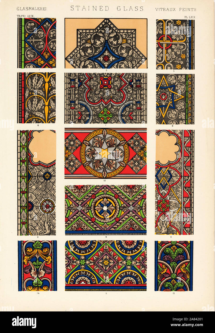 Dessins de vitraux médiévaux. À l'église cathédrale de York, Attenberg 1,5,6,8 2,4,7, Southwell, 3'église cathédrale de Soissons 9,11, Saint Thomas à Strasbourg 10, 13 et la cathédrale de Troyes La Cathédrale de Canterbury 14. Chromolithographie par Francis Bedford de Owen Jones de la grammaire de l'Ornement, Quaritch, Londres, 1868. Banque D'Images