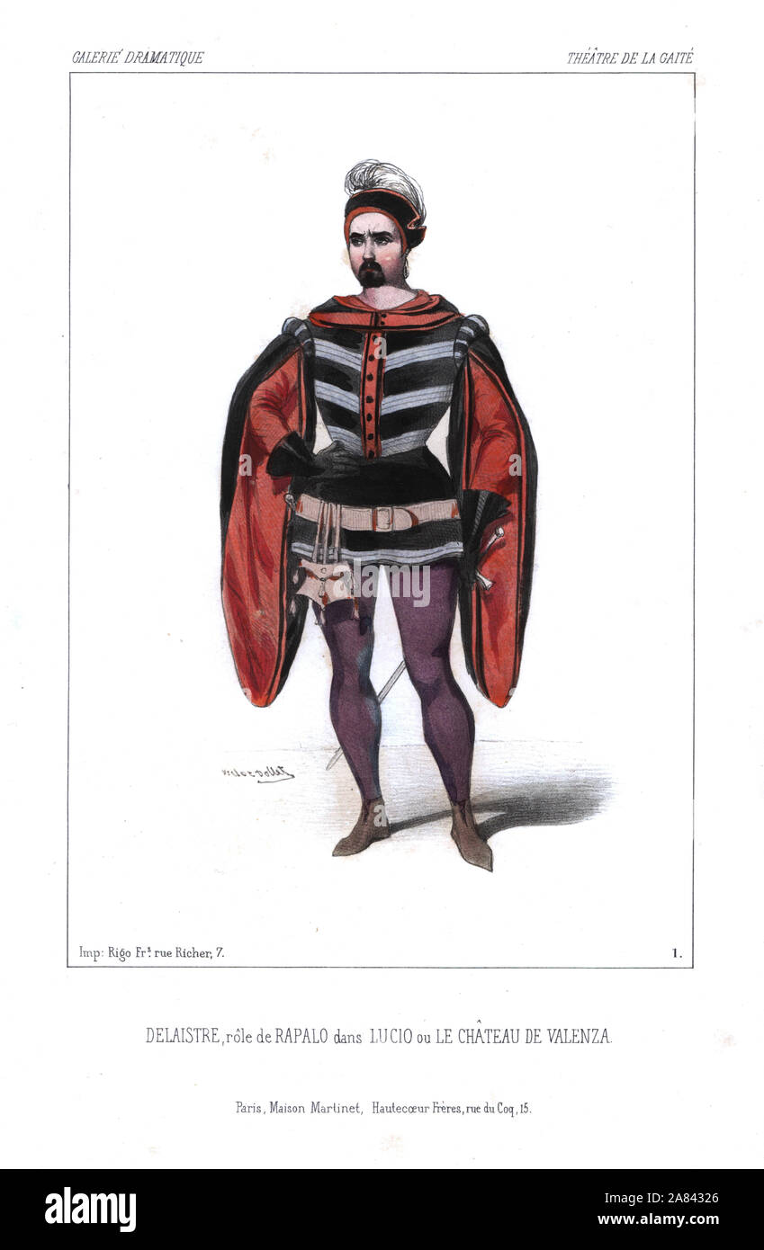 Jean Alexandre François Delaistre comme Rapalo dans Lucio, ou le Chateau de Valenza, par Paul Henri Foucher et ‎Jules-Edouard Alboize, Théâtre de la Gaité, 1844. Lithographie coloriée après une illustration par Victor Dollet à partir de la Galerie dramatique : les costumes des théâtres de Paris, Paris, 1844. Banque D'Images