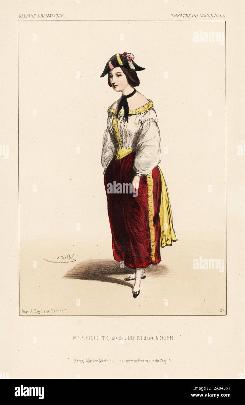 Mlle. Juliette comme Judith dans Adrien par Chapelle, théâtre du Vaudeville, 1843. Lithographie coloriée après une illustration par Louis Lasalle de Victor Dollet's Galerie dramatique : les costumes des théâtres de Paris, Paris, 1845. Banque D'Images