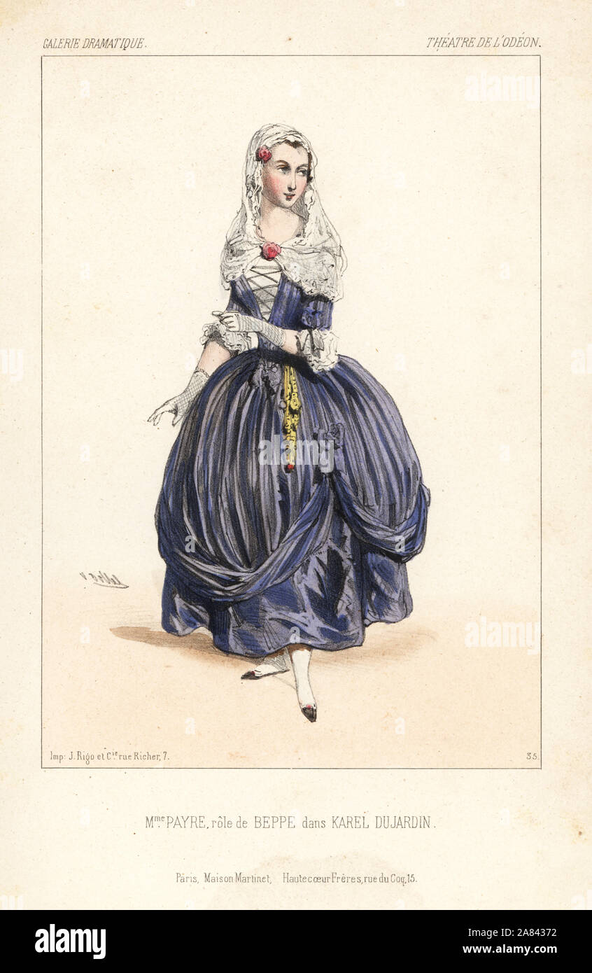 Mlle Payre comme Beppe dans le drame en vers Karel Dujardin par le Marquis de Belloy, Théâtre de l'Odéon, 1843. Lithographie coloriée après une illustration par Victor Dollet à partir de la Galerie dramatique : les costumes des théâtres de Paris, Paris, 1845. Banque D'Images