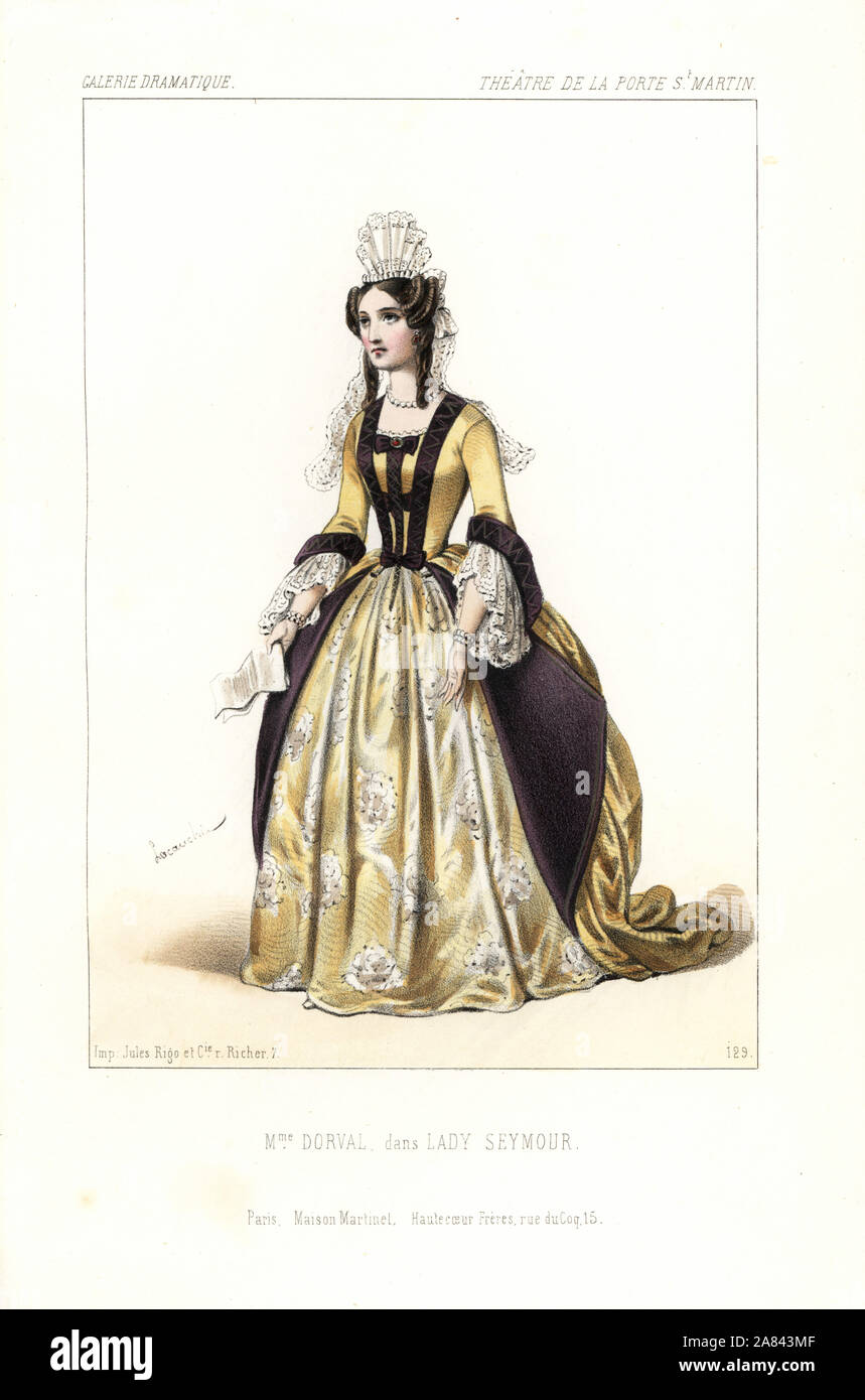 Marie Dorval dans Charles Duveyrier's Lady Seymour, Théâtre de la Porte Saint-Martin, 1845. Lithographie coloriée après une illustration par Alexandre Lacauchie de Victor Dollet's Galerie dramatique : les costumes des théâtres de Paris, Paris, 1845. Banque D'Images