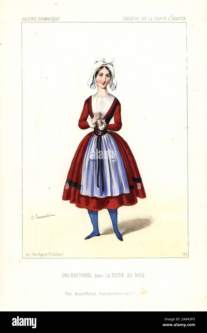 Danseur en costume comme une femme de Breton dans le Cogniard frères' La Biche au bois, Théâtre de la Porte Saint-Martin, 1845. Lithographie coloriée après une illustration par Alexandre Lacauchie de Victor Dollet's Galerie dramatique : les costumes des théâtres de Paris, Paris, 1845. Banque D'Images