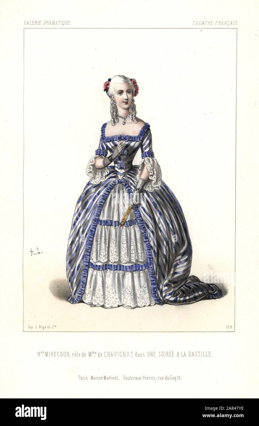 Madame Mirecour dans le rôle de Madame de Chavignac dans Decourcelle's Une soiree a la Bastille, 1845. Lithographie coloriée après une illustration par Alexandre Lacauchie de Victor Dollet's Galerie dramatique : les costumes des théâtres de Paris, Paris, 1845. Banque D'Images