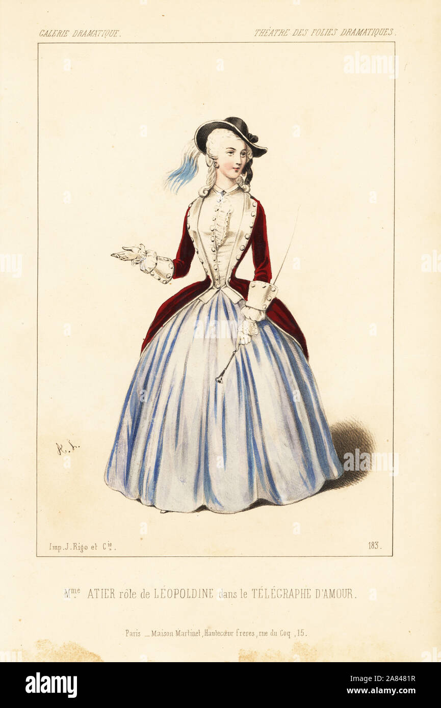 Mme. Atier ou Anne Suzanne Potier comme Leopoldine dans le télégraphe D'Amour par Masson/Thomas, le théâtre des Folies Dramatiques, 1845. Lithographie coloriée après une illustration par Alexandre Lacauchie de Victor Dollet's Galerie dramatique : les costumes des théâtres de Paris, Paris, 1845. Banque D'Images