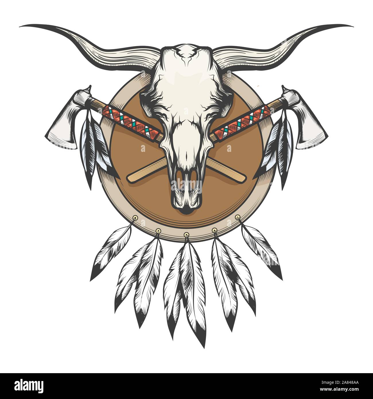 L'emblème des Américains autochtones. Skull Bull et tomahawk sur un bouclier. Vector illustration. Illustration de Vecteur
