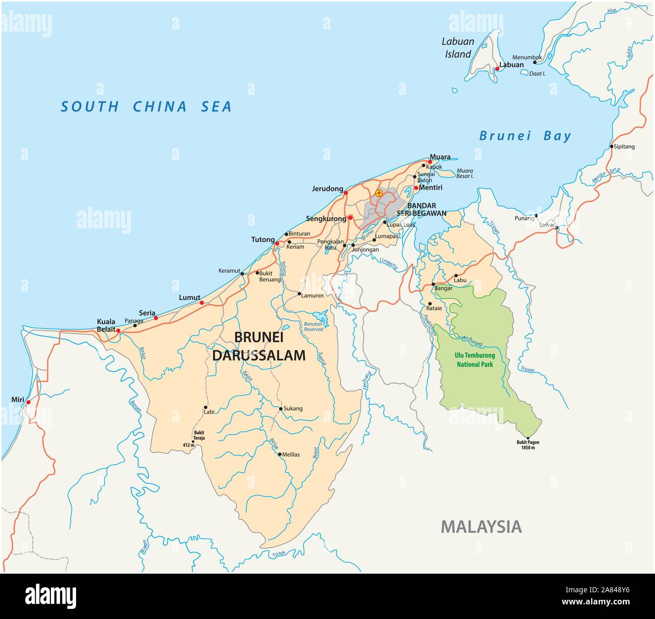 Carte du parc national et de la route de Brunéi Darussalam Illustration de Vecteur