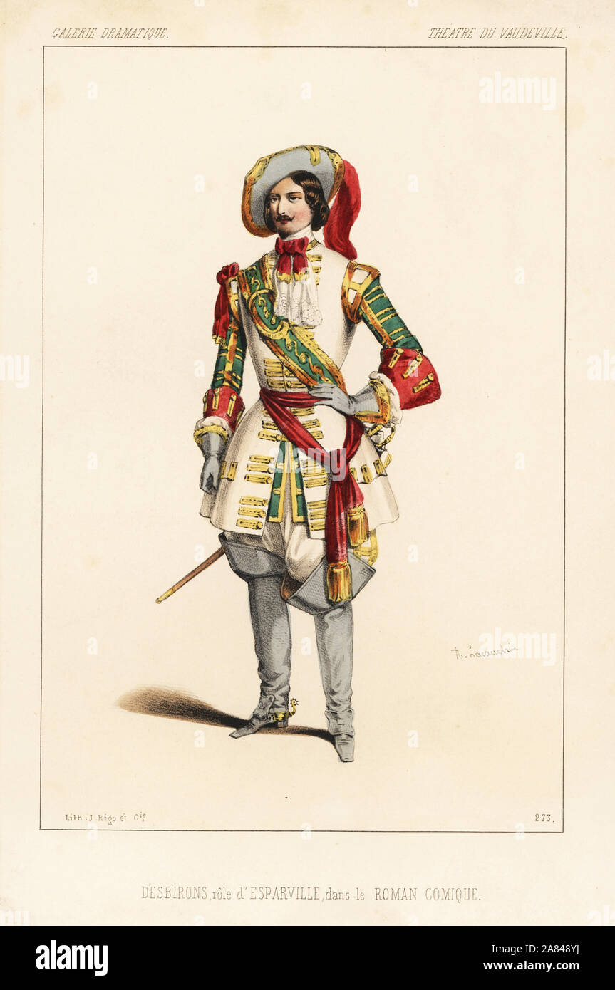 L'acteur français Desbirons comme Esparville dans le Roman Comique par Dennery, Cormon et Romain, le théâtre du Vaudeville, 1846. Lithographie coloriée après une illustration par Alexandre Lacauchie de Victor Dollet's Galerie dramatique : les costumes des théâtres de Paris, Paris, 1846. Banque D'Images