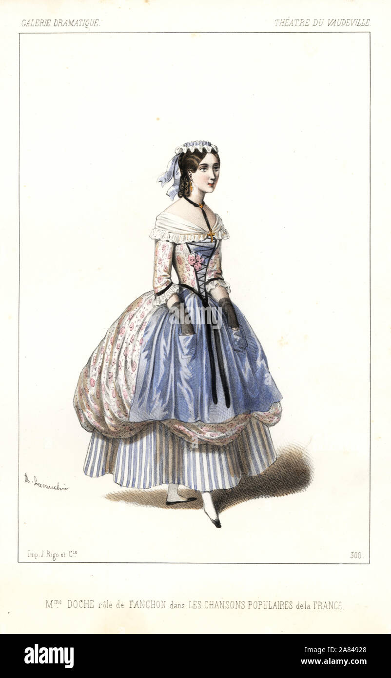 L'actrice belge Eugénie Doche Fanchon comme dans les chansons populaires de la France, Vaudeville, 1846. Lithographie coloriée après une illustration par Alexandre Lacauchie de Victor Dollet's Galerie dramatique : les costumes des théâtres de Paris, Paris, 1846. Banque D'Images