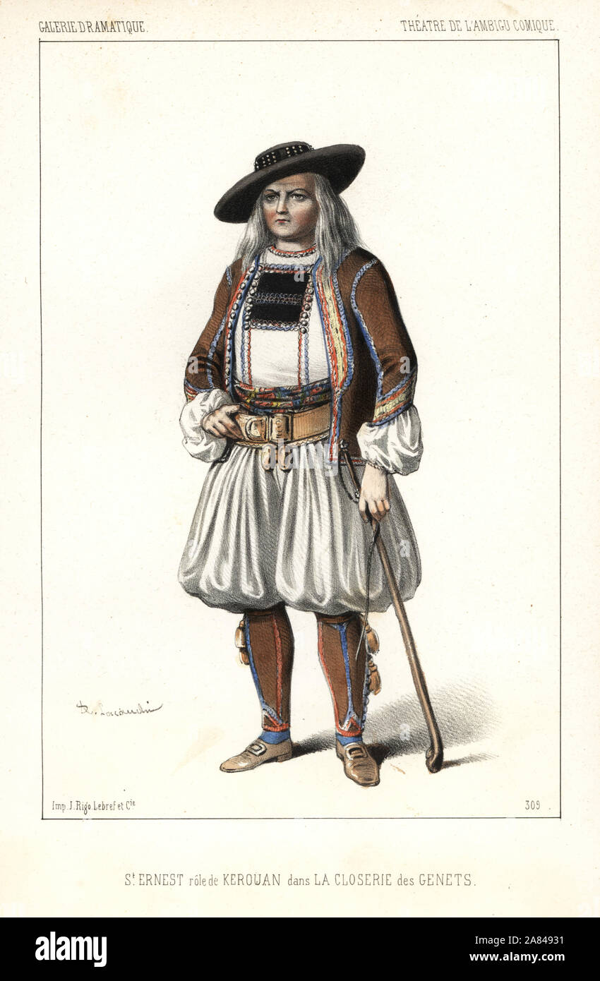 L'acteur français Louis-Nicolas Brette Saint-Ernest comme Kerouan dans La Closerie des genets par Frederic Soulie, Théâtre de l'ambigu comique, 1846. Lithographie coloriée après une illustration par Alexandre Lacauchie de Victor Dollet's Galerie dramatique : les costumes des théâtres de Paris, Paris, 1846. Banque D'Images