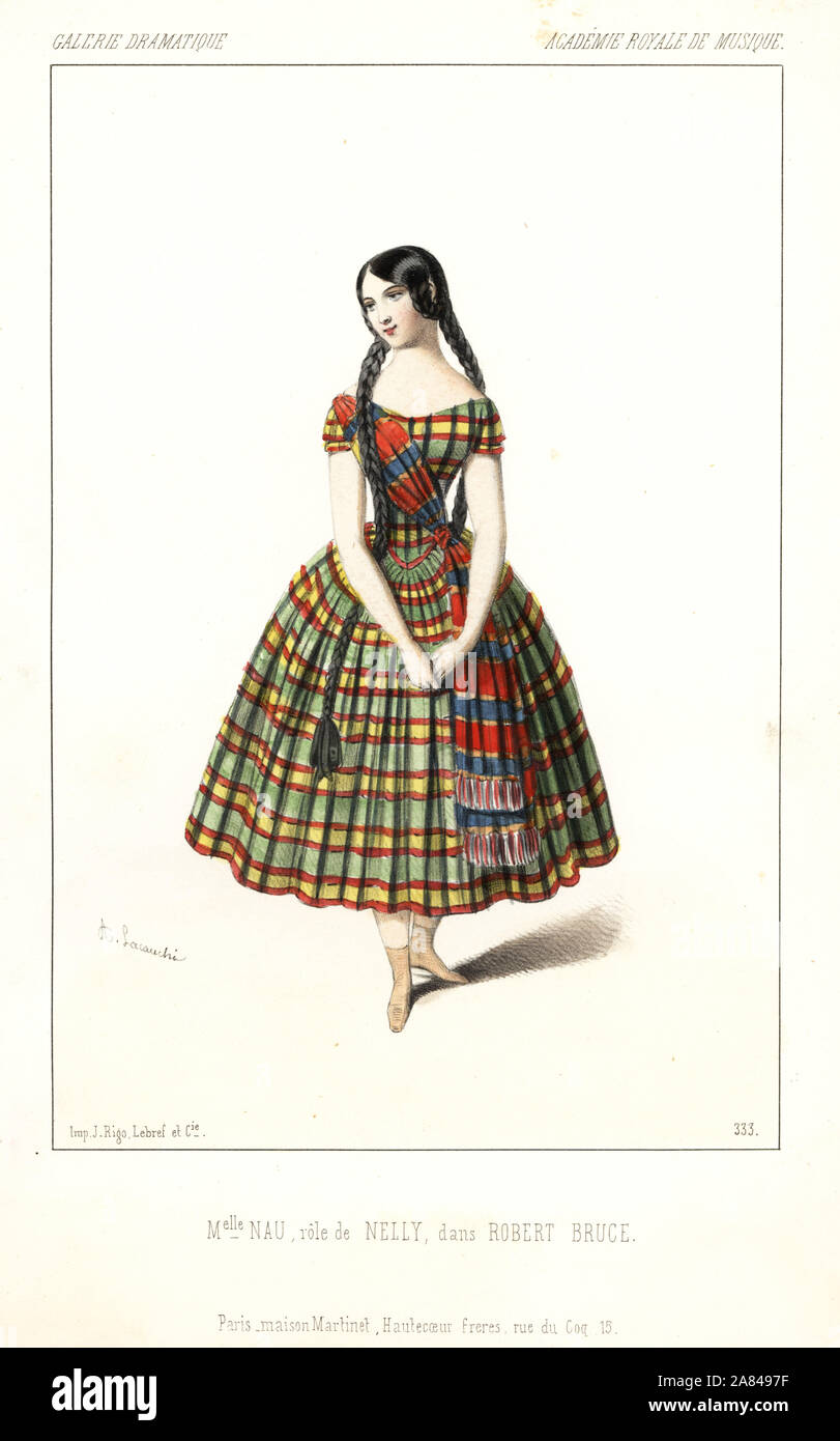 Chanteuse soprano Mlle. Maria Nau que Nelly dans l'opéra pastiche Robert Bruce de Gioachino Rossini, Académie Royale de Musique, 1846. Lithographie coloriée après une illustration par Alexandre Lacauchie de Victor Dollet's Galerie dramatique : les costumes des théâtres de Paris, Paris, 1846. Banque D'Images