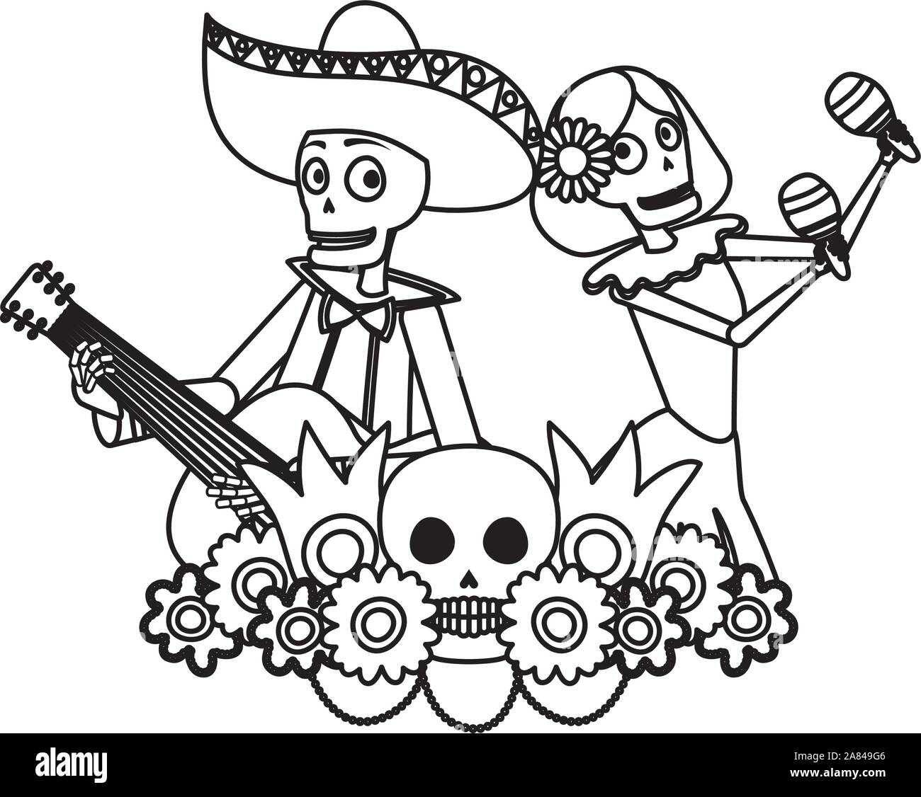 Catrina et crânes mariachi jouant les maracas et la guitare Illustration de Vecteur