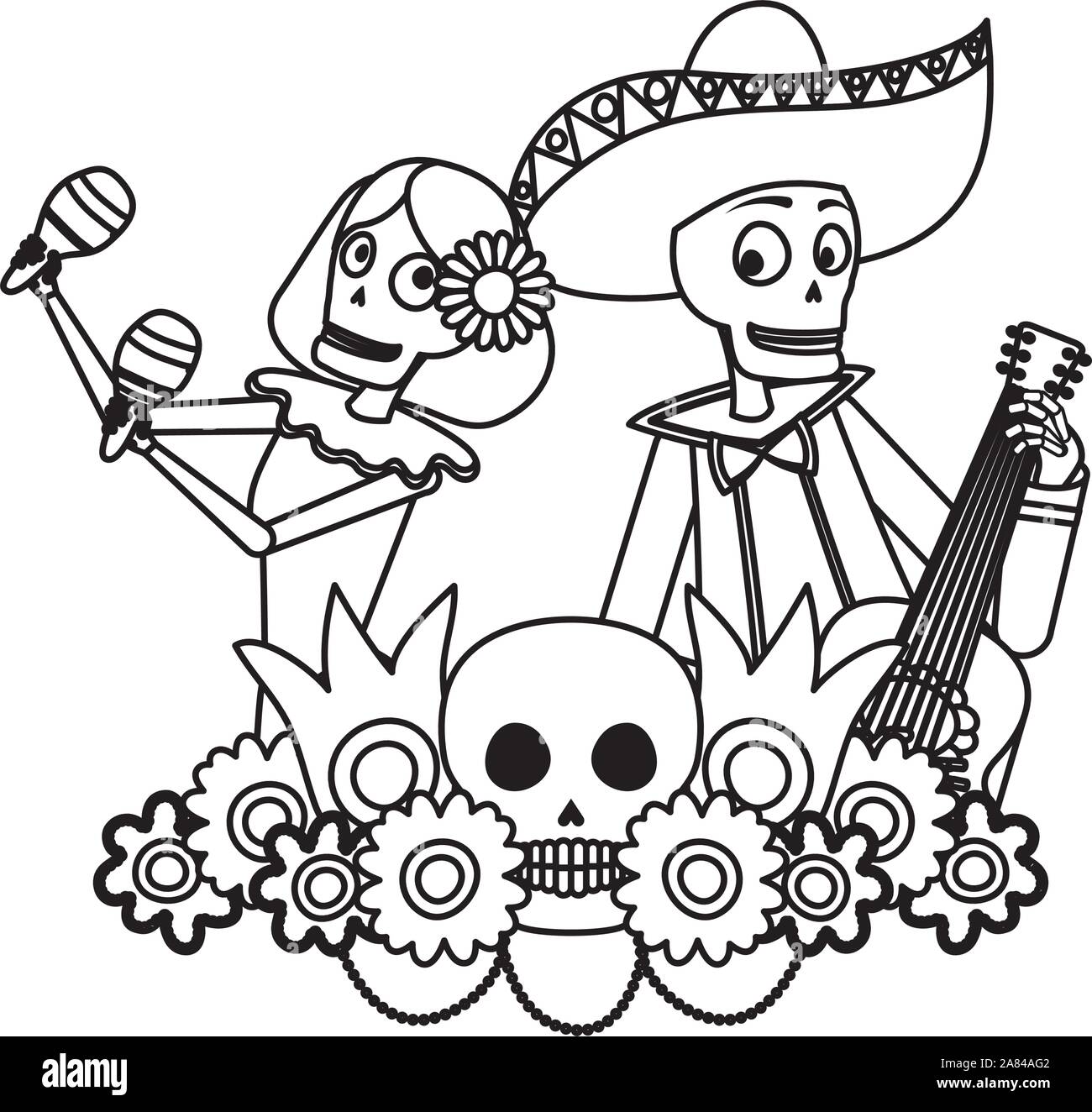 Catrina et crânes mariachi jouant les maracas et la guitare Illustration de Vecteur
