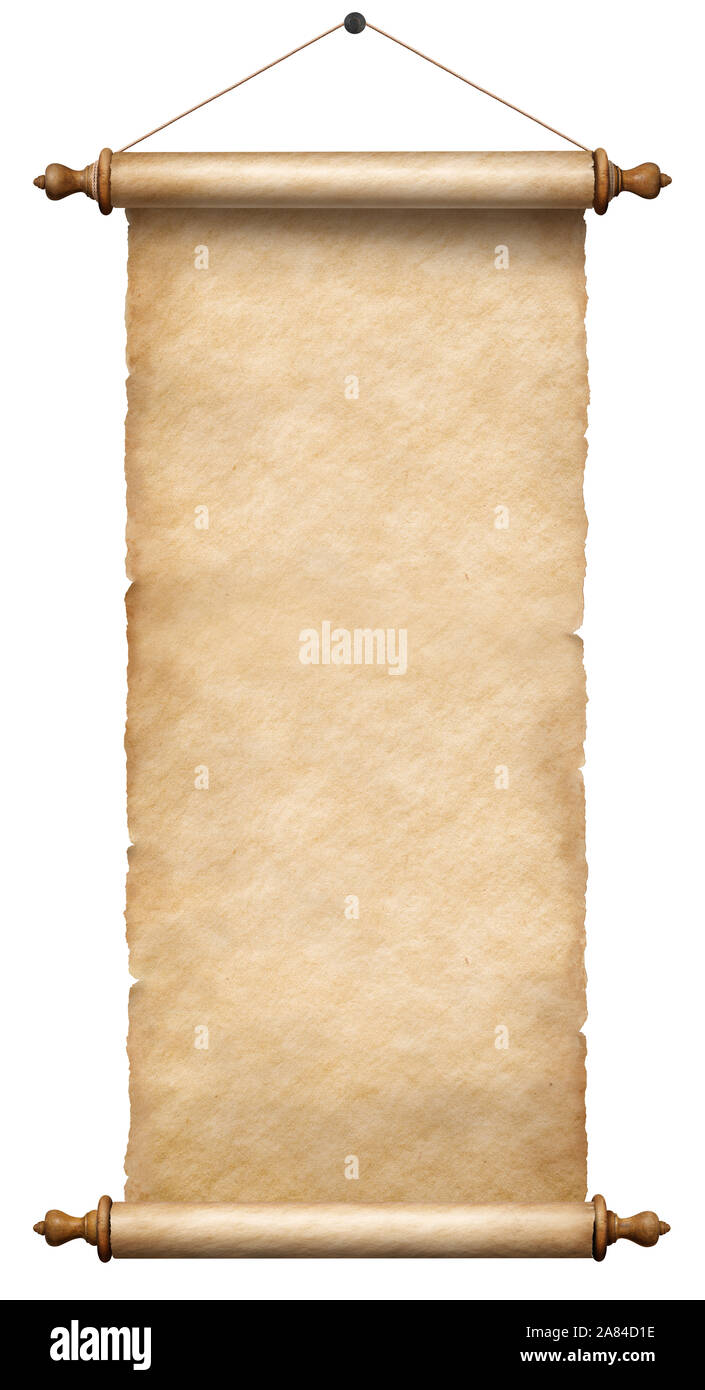 Vieux papier faites défiler la pendaison sur corde isolated on white Banque D'Images