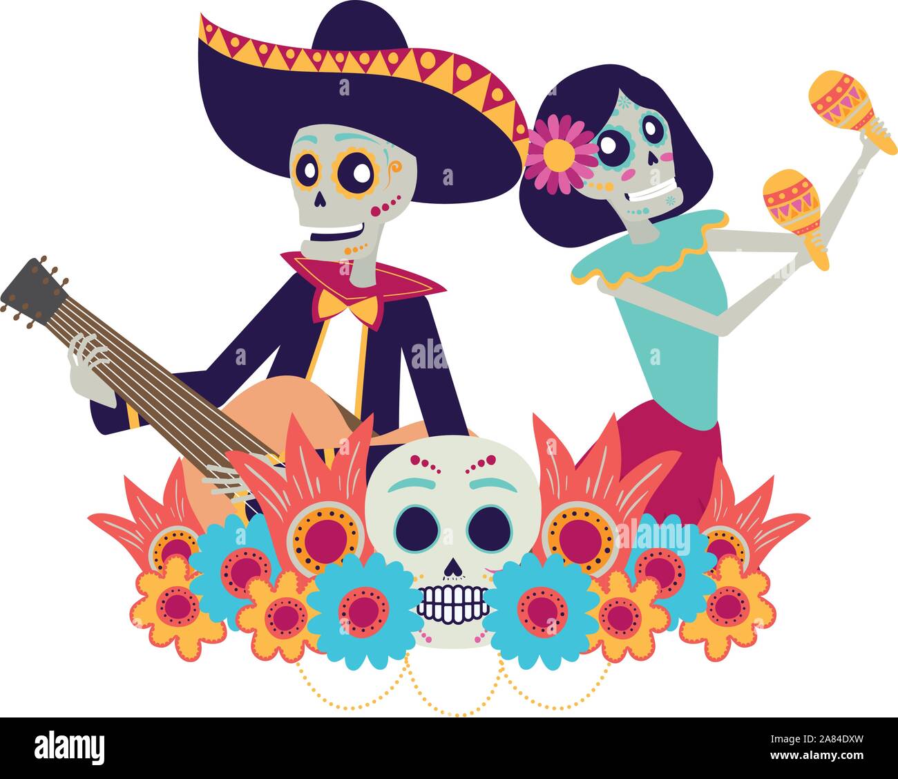 Catrina et crânes mariachi jouant les maracas et la guitare Illustration de Vecteur