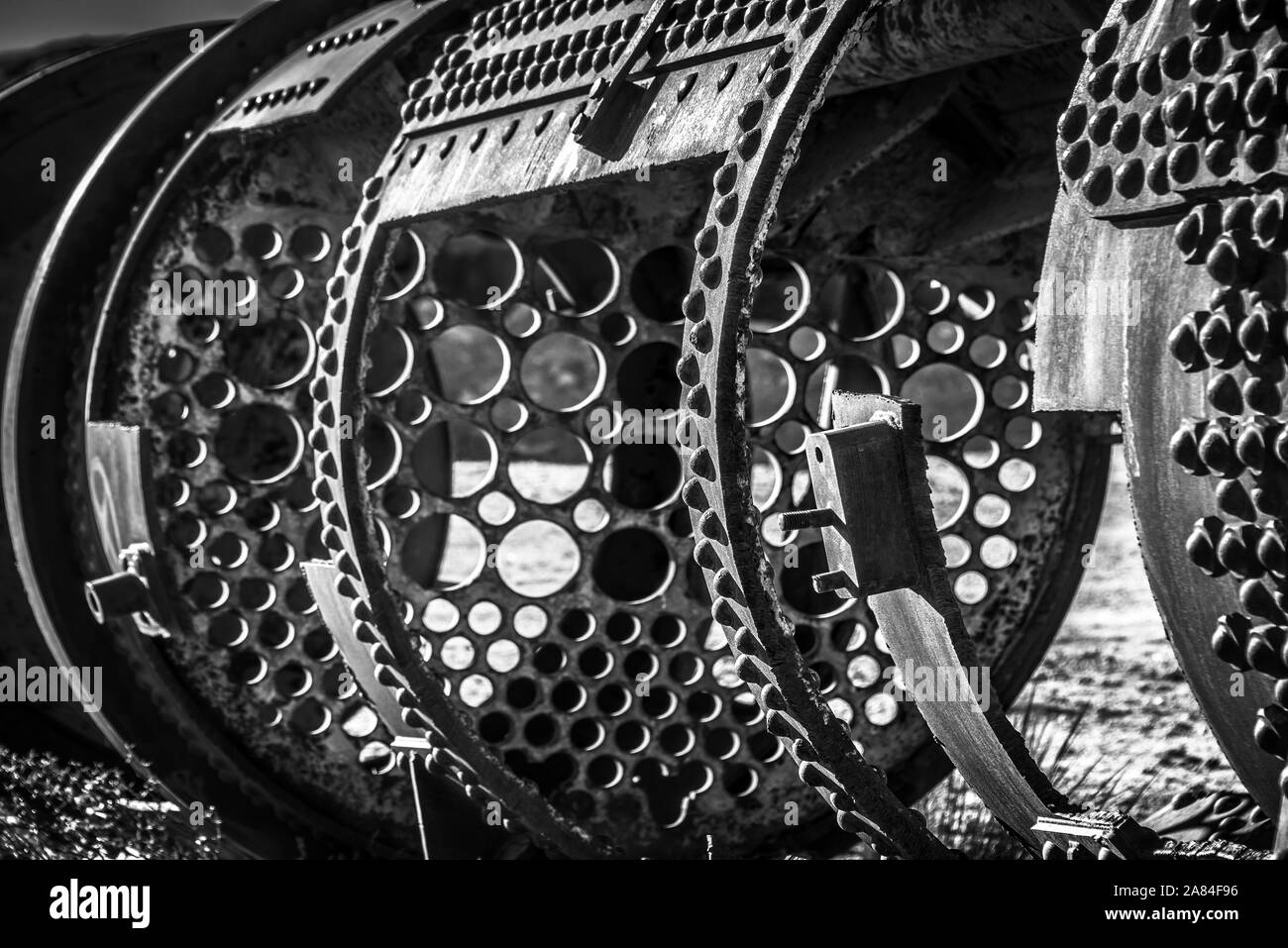 Détail d'un ancien wagon rouillé abandonné dans la cimetière de Uyuni, Bolivie Banque D'Images