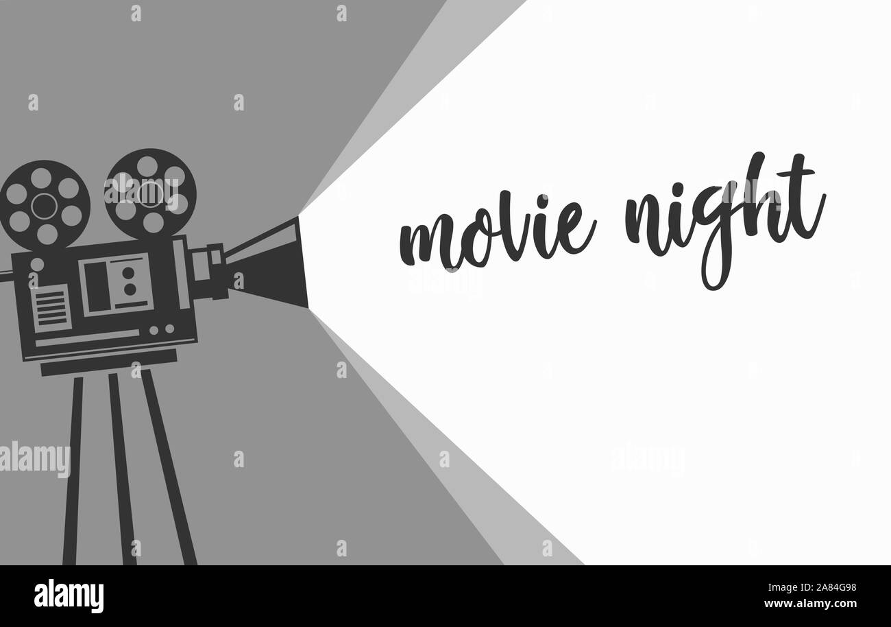 Movie night bannière avec appareil photo vintage. Design monochrome. Illustration de Vecteur