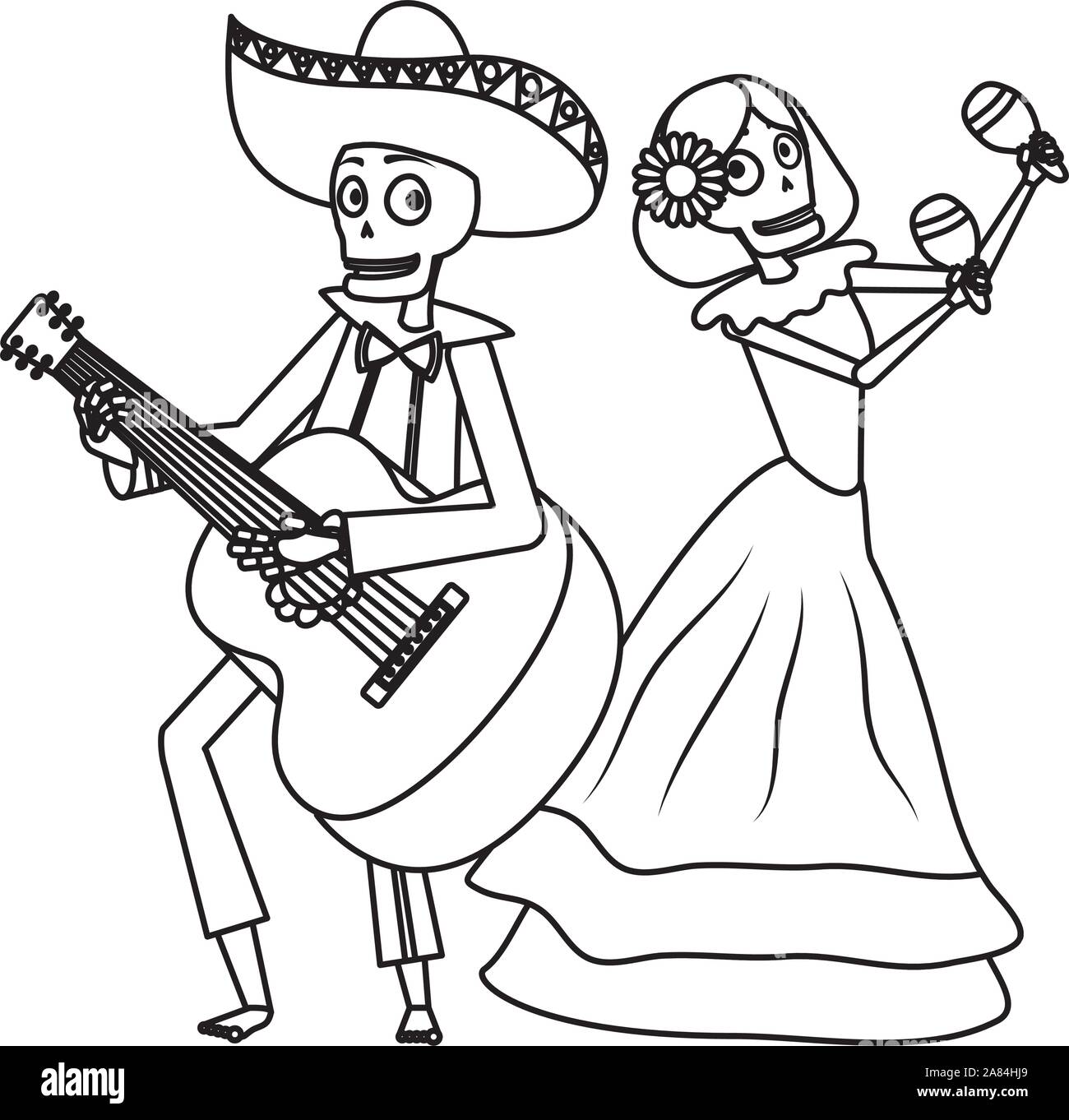 Catrina et crânes mariachi jouant les maracas et la guitare Illustration de Vecteur