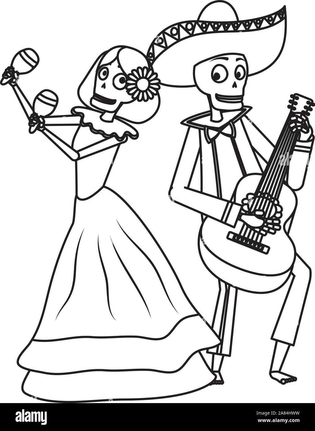 Catrina et crânes mariachi jouant les maracas et la guitare Illustration de Vecteur