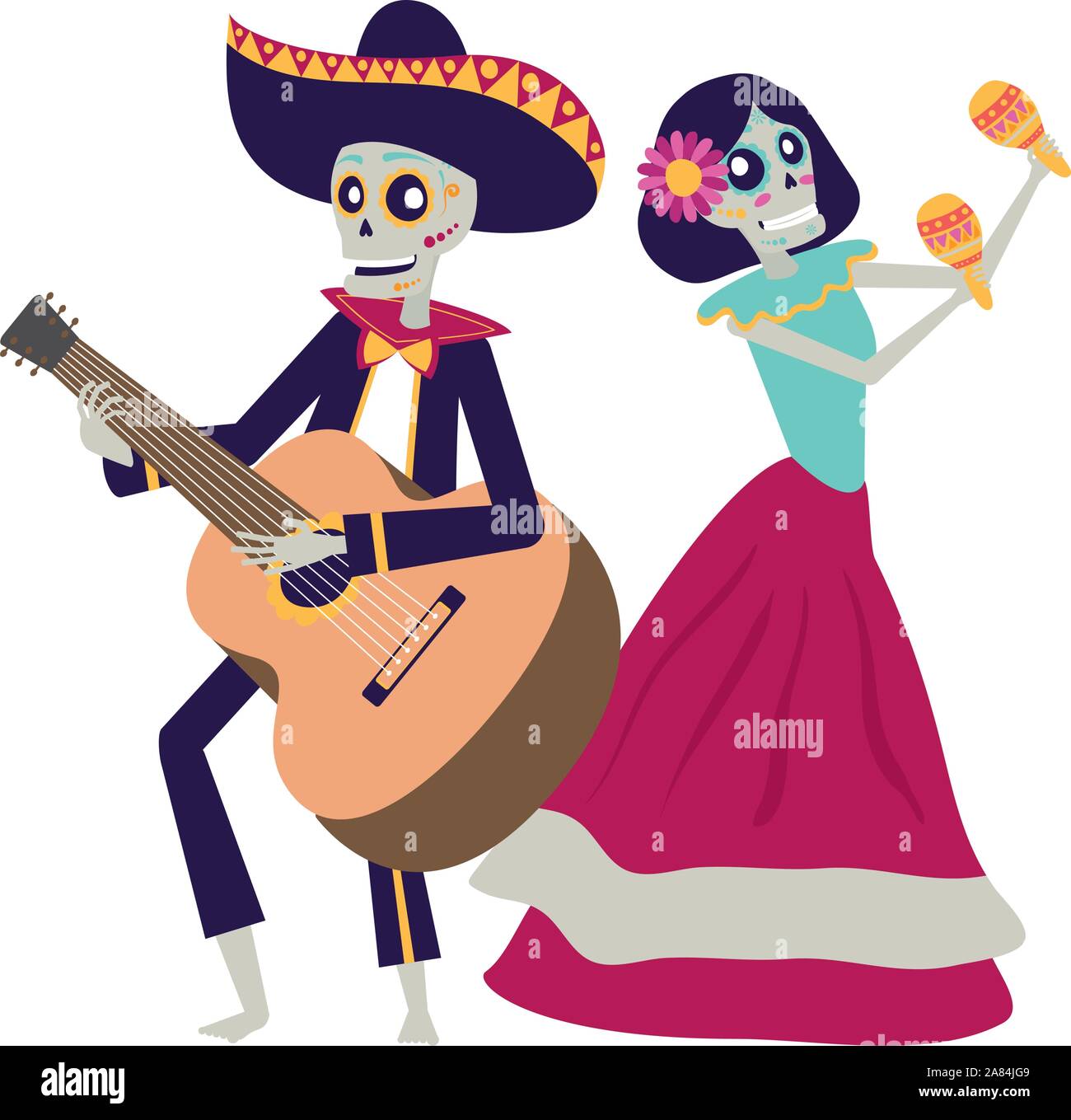 Catrina et crânes mariachi jouant les maracas et la guitare Illustration de Vecteur