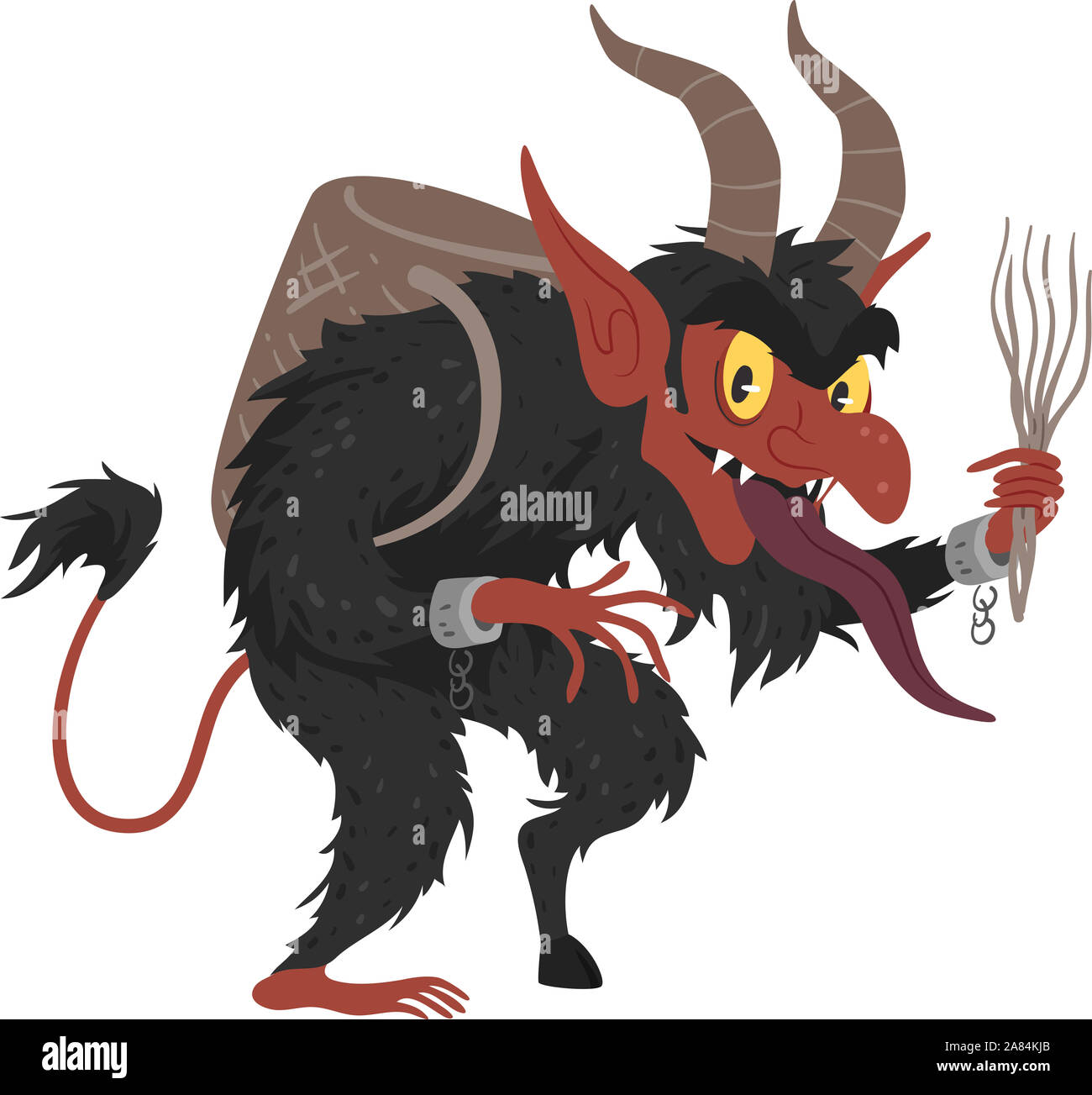 Illustration de la Krampus de l'Autriche avec queue, pelage noir, sabots fourchus, des cornes d'une chèvre et longue langue portant panier Sac à dos et chaînes brisées Banque D'Images