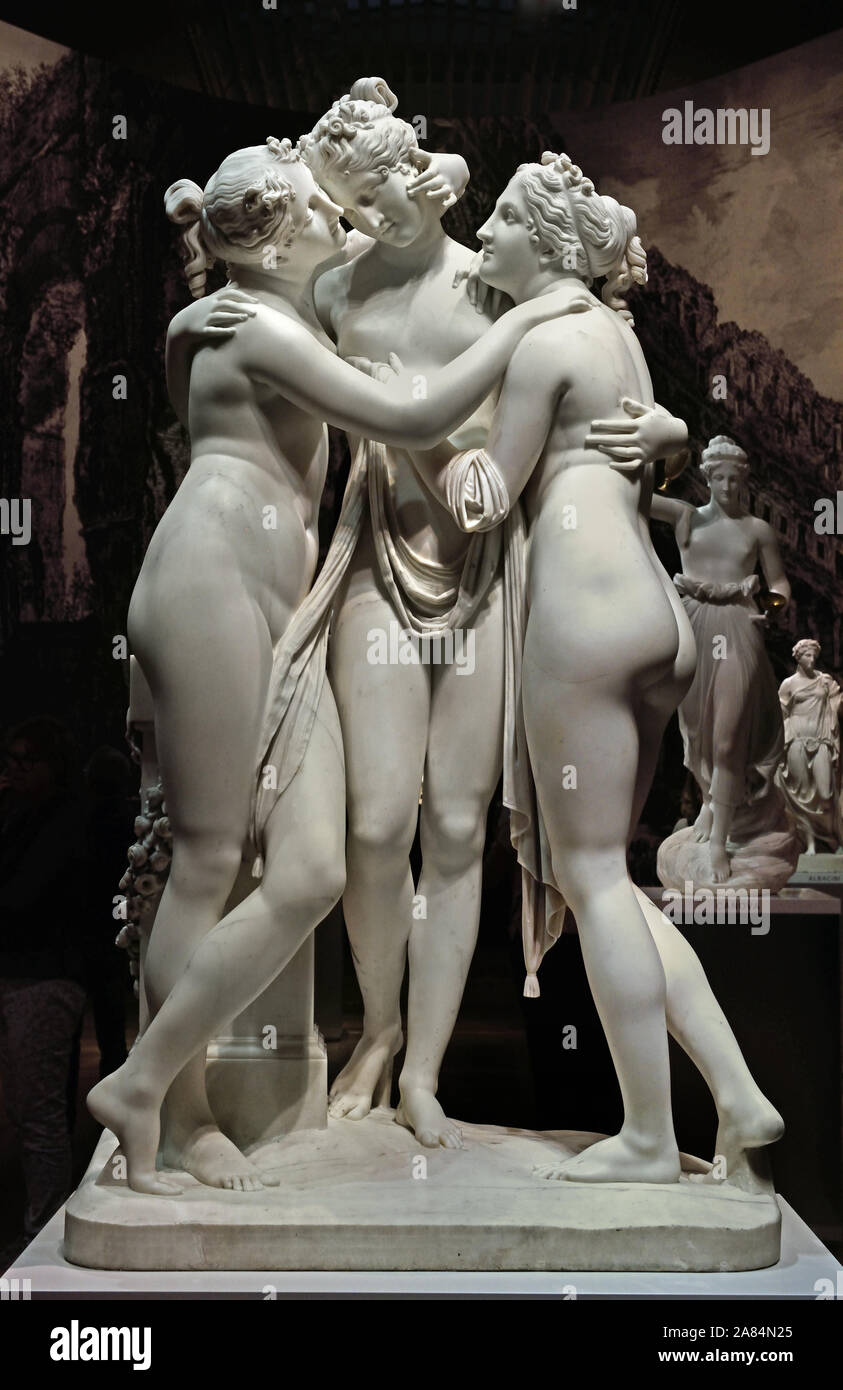 Les trois grâces par Antonio Canova (1757-1822) est une sculpture néoclassique, dans le marbre, de la mythologique trois oeuvres de bienfaisance, filles de Zeus, de gauche à droite, Euphrosyne, Aglaea et Thalia, grec, italien, en Italie. Banque D'Images