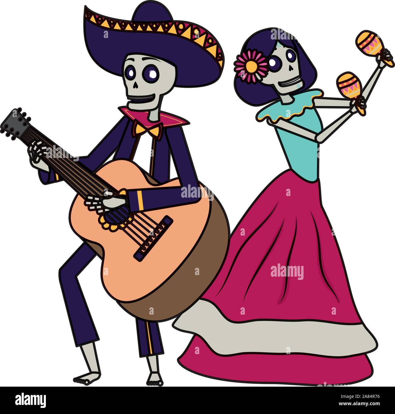 Catrina et crânes mariachi jouant les maracas et la guitare Illustration de Vecteur