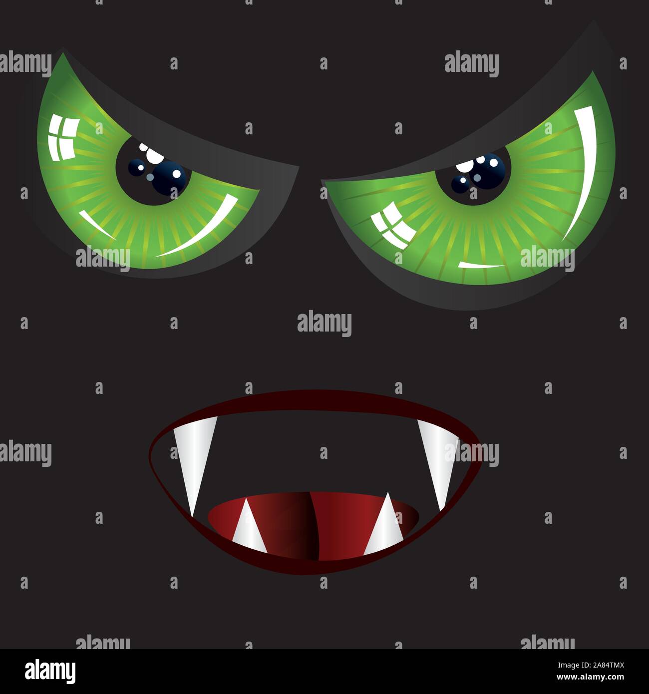 Danger le mal le visage avec les yeux verts et de crocs sur fond noir. Illustration de Vecteur