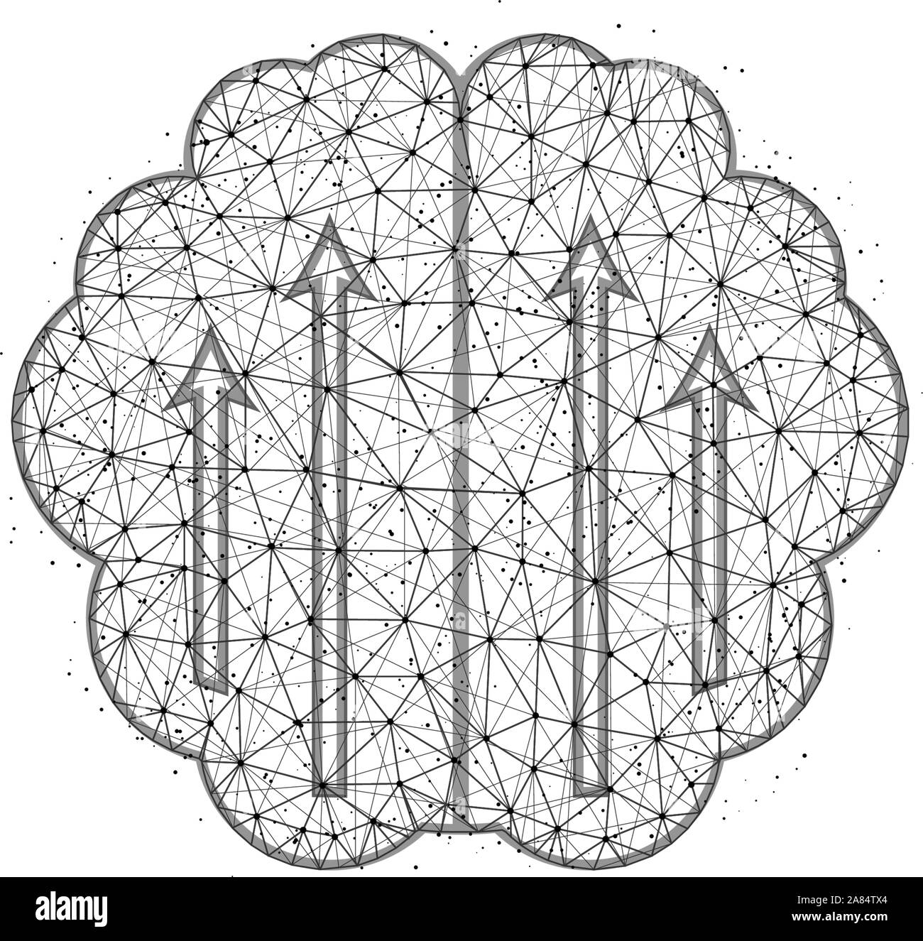 Augmentation de l'activité du cerveau, le cerveau conception poly bas avec les flèches de l'art géométrique abstrait, wireframe polygonal mesh vector illustration réalisée à partir de points a Illustration de Vecteur