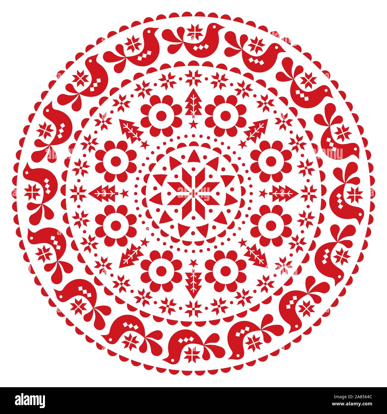 Folk scandinave Noël mandala- vecteur conception ronde d'hiver modèle de fête, avec des oiseaux d'ornement floral mignon et flocons en zone rouge sur blanc Illustration de Vecteur
