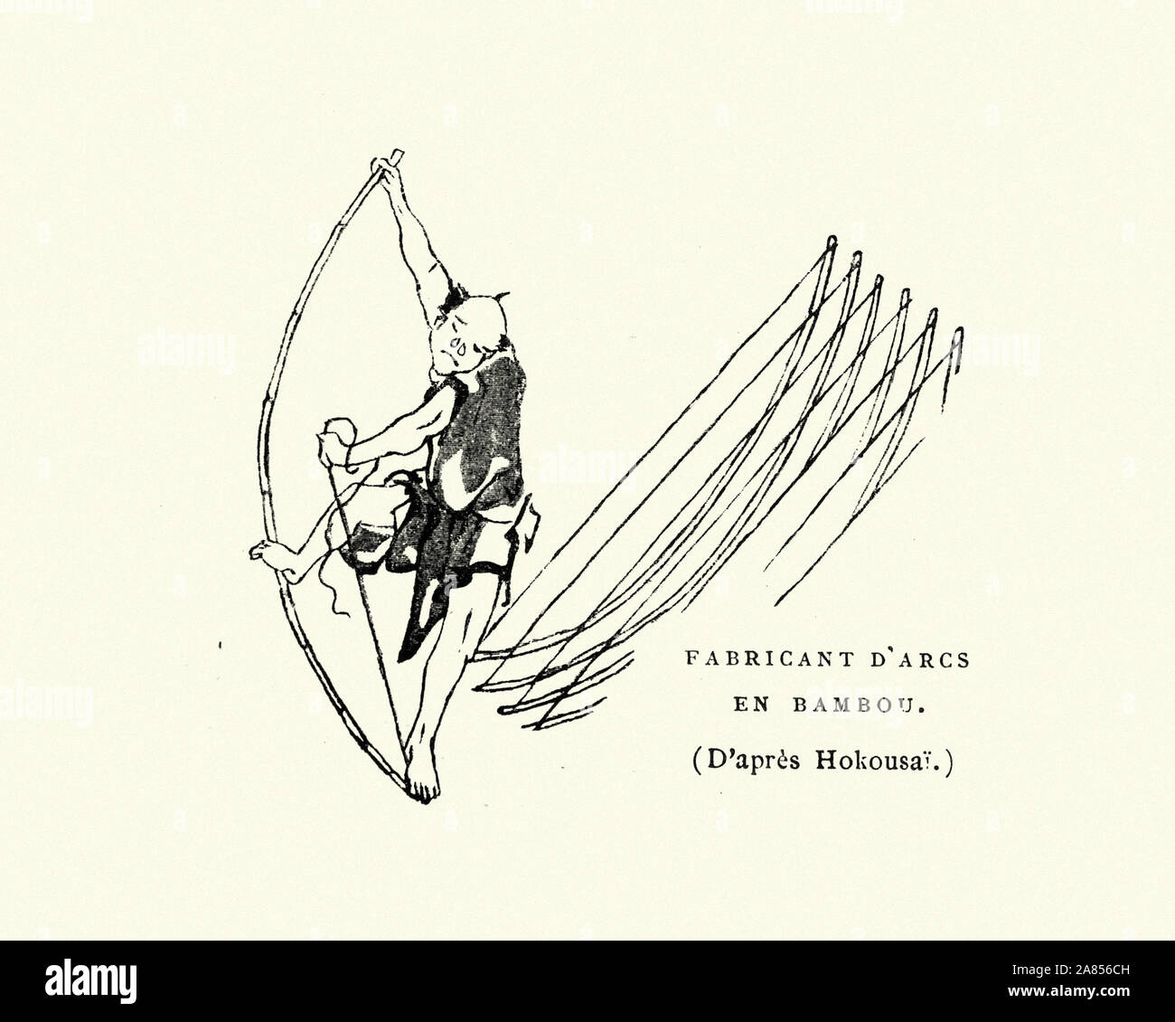 Vintage gravure de bowyer japonais faisant de bambou arcs Banque D'Images