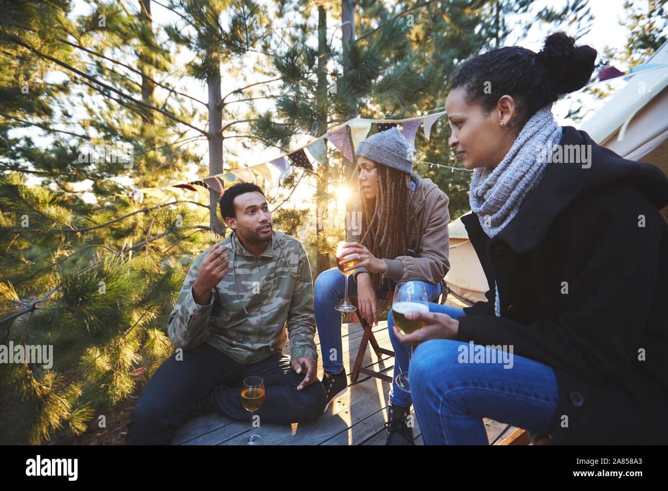 Les amis de boire du vin et de parler de camping dans les bois Banque D'Images
