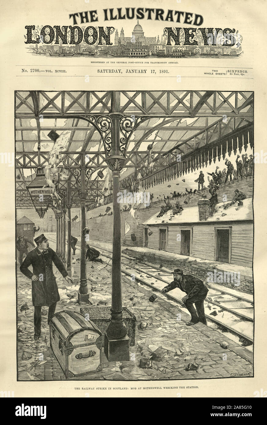 Première page du London Illustrated News le 17 janvier 1891. Les cheminots en grève, Motherwell détruire l'Ecosse Banque D'Images