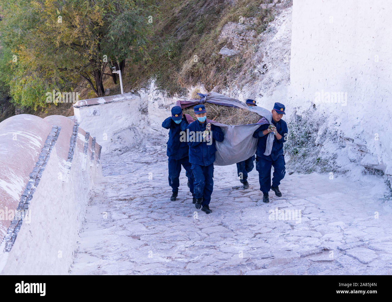 (191106) -- Lhassa, 6 novembre 2019 (Xinhua) -- Les pompiers enlever les mauvaises herbes de l'entourage du Palais du Potala de Lhassa dans la prévention des incendies de l'hiver, capitale du sud-ouest de la région autonome du Tibet, le 6 novembre 2019. Les 1 300 ans de palais a été construit par le roi tibétain Songtsa Gambo au septième siècle. Le palais a été inscrite sur la Liste du patrimoine mondial de l'UNESCO en 1994. (Xinhua/Sun Fei) Banque D'Images