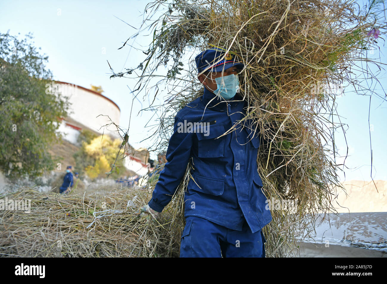 (191106) -- Lhassa, 6 novembre 2019 (Xinhua) -- Un pompier supprime les mauvaises herbes de l'entourage du Palais du Potala de Lhassa dans la prévention des incendies de l'hiver, capitale du sud-ouest de la région autonome du Tibet, le 6 novembre 2019. Les 1 300 ans de palais a été construit par le roi tibétain Songtsa Gambo au septième siècle. Le palais a été inscrite sur la Liste du patrimoine mondial de l'UNESCO en 1994. (Xinhua/Li Xin) Banque D'Images