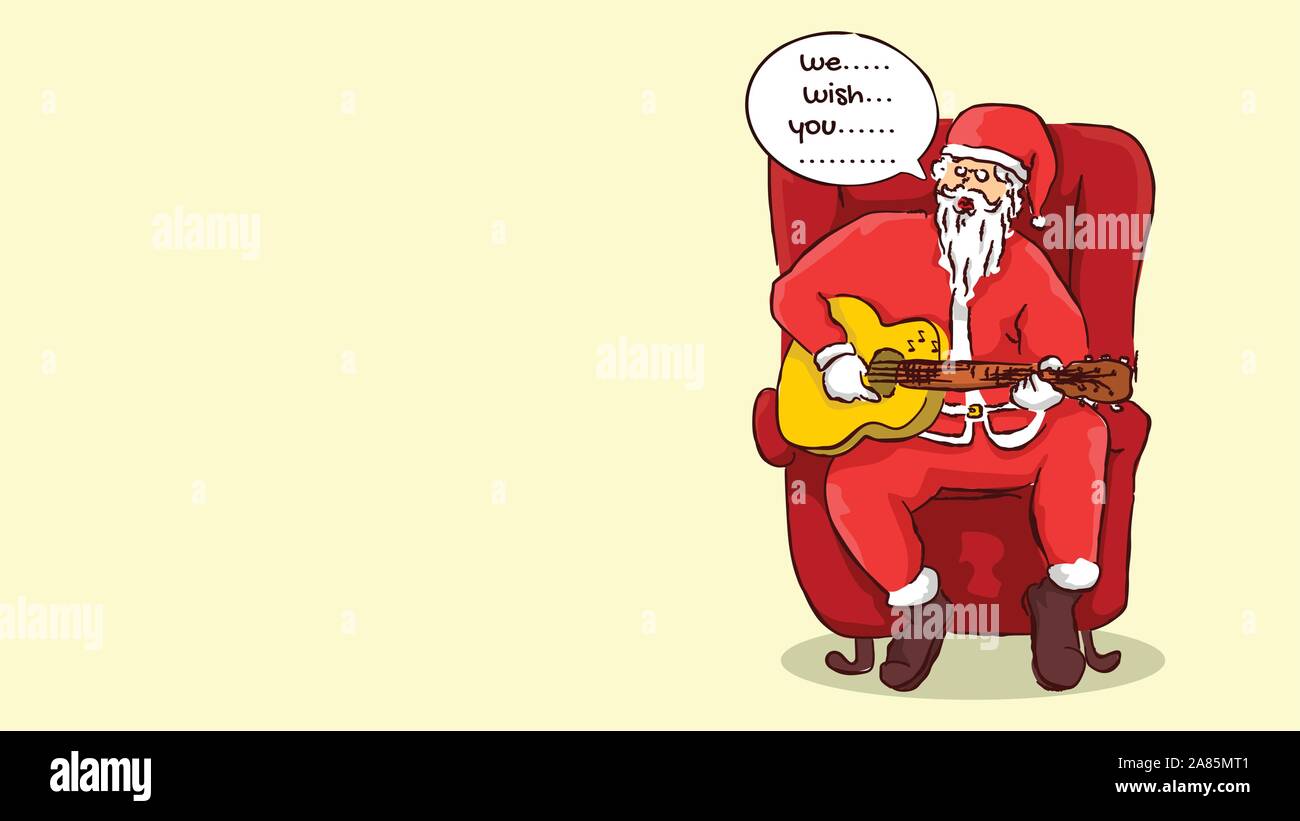 Le père Noël s'asseoir dans la canapé rouge jouant de la guitare acoustique et le chant de la chanson de Noël Hand drawn vector illustrations style design Illustration de Vecteur