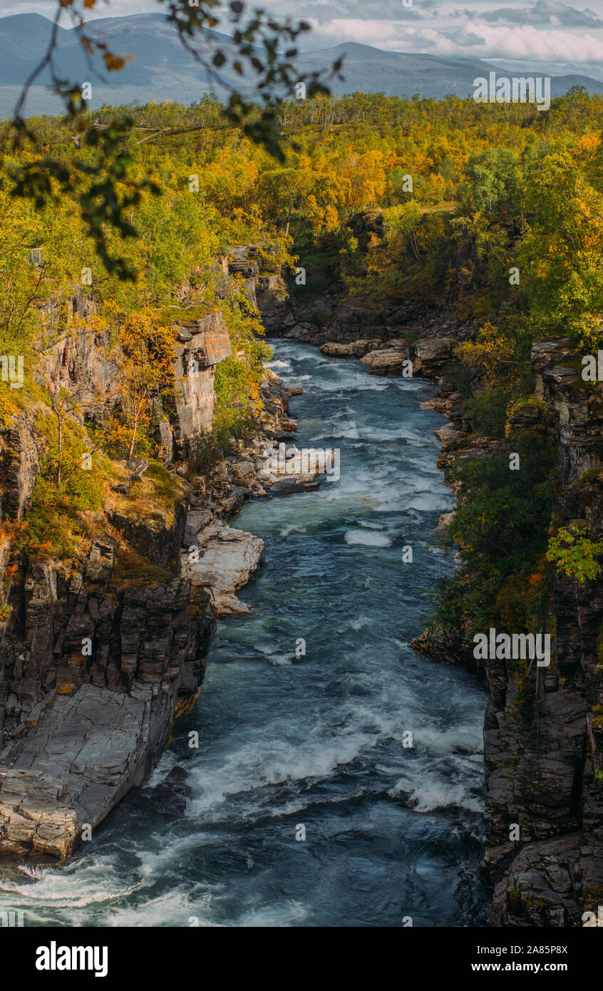 Belle vue sur rivière rapide en Abisko National Park à l'automne, la Suède Banque D'Images