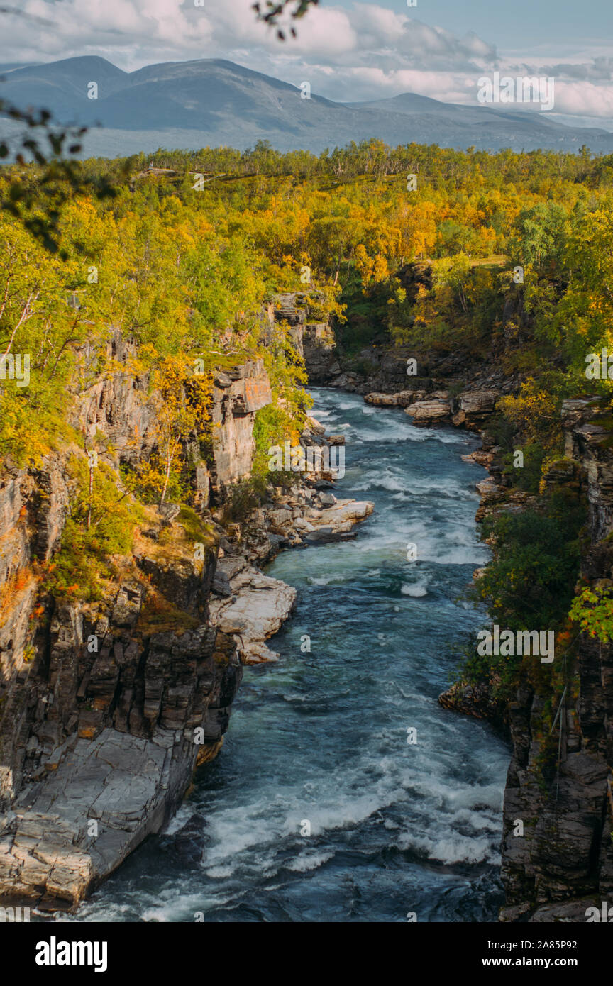 Belle vue sur rivière rapide en Abisko National Park à l'automne, la Suède Banque D'Images