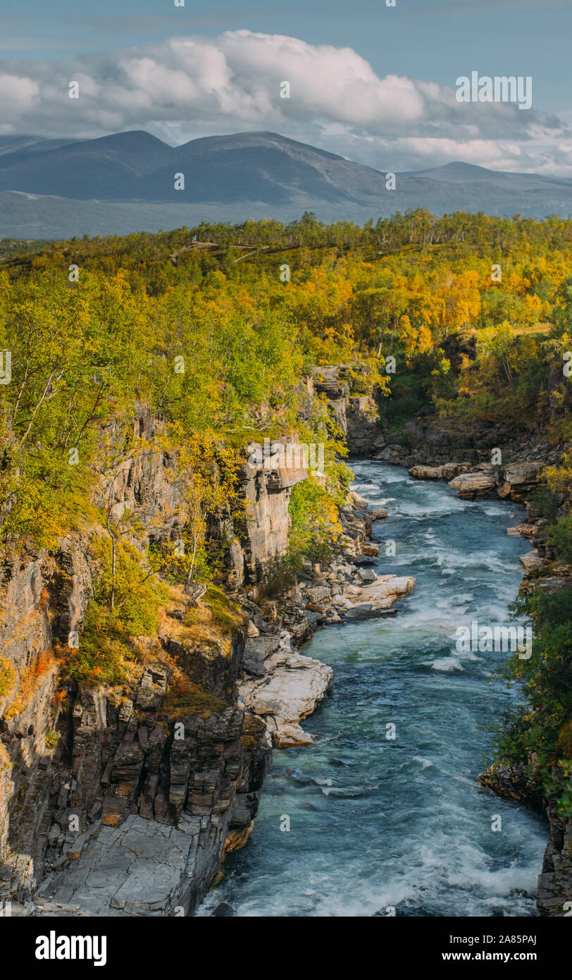 Belle vue sur rivière rapide en Abisko National Park à l'automne, la Suède Banque D'Images