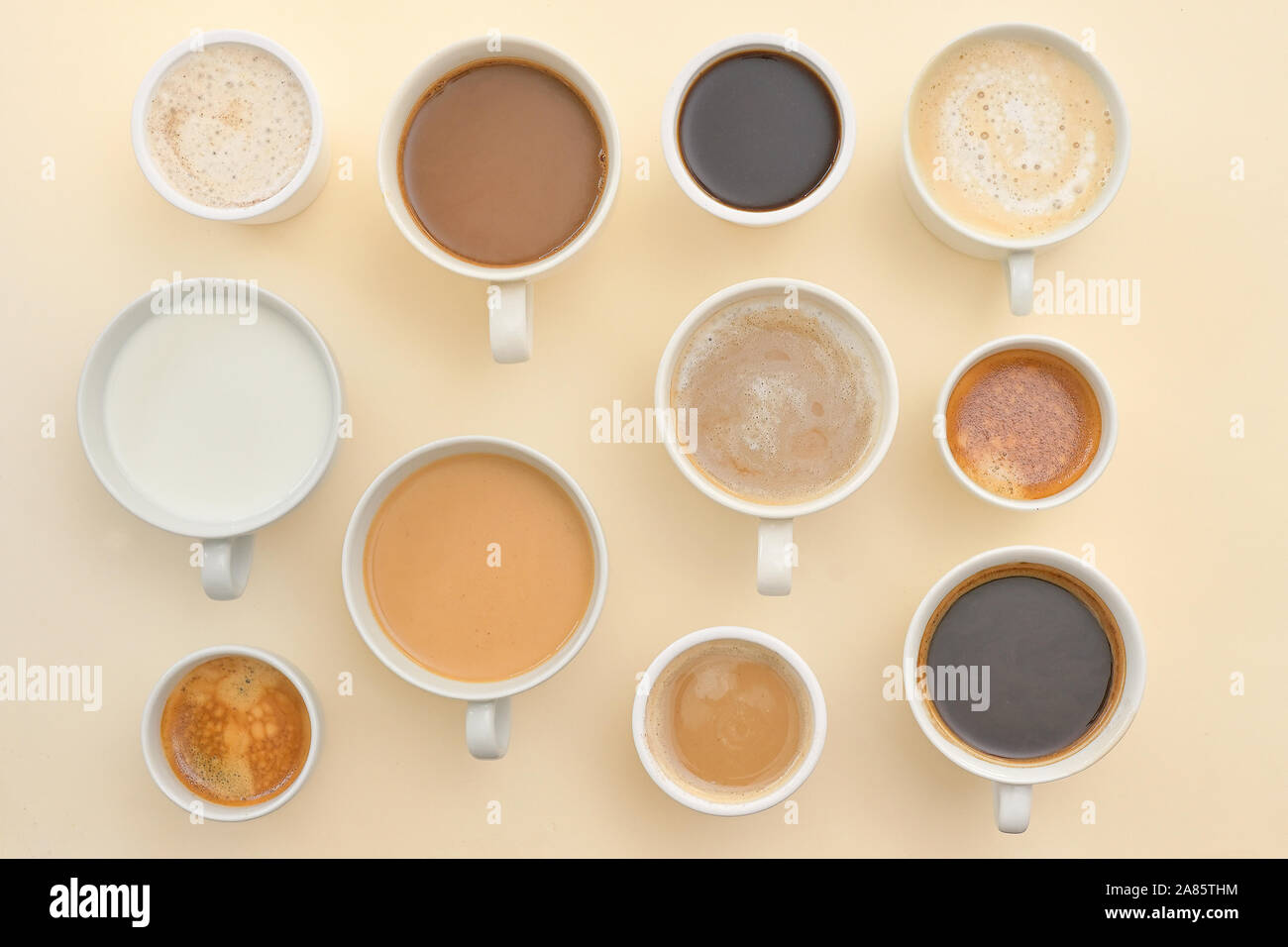 Différents types de café tasses en vue de dessus Banque D'Images