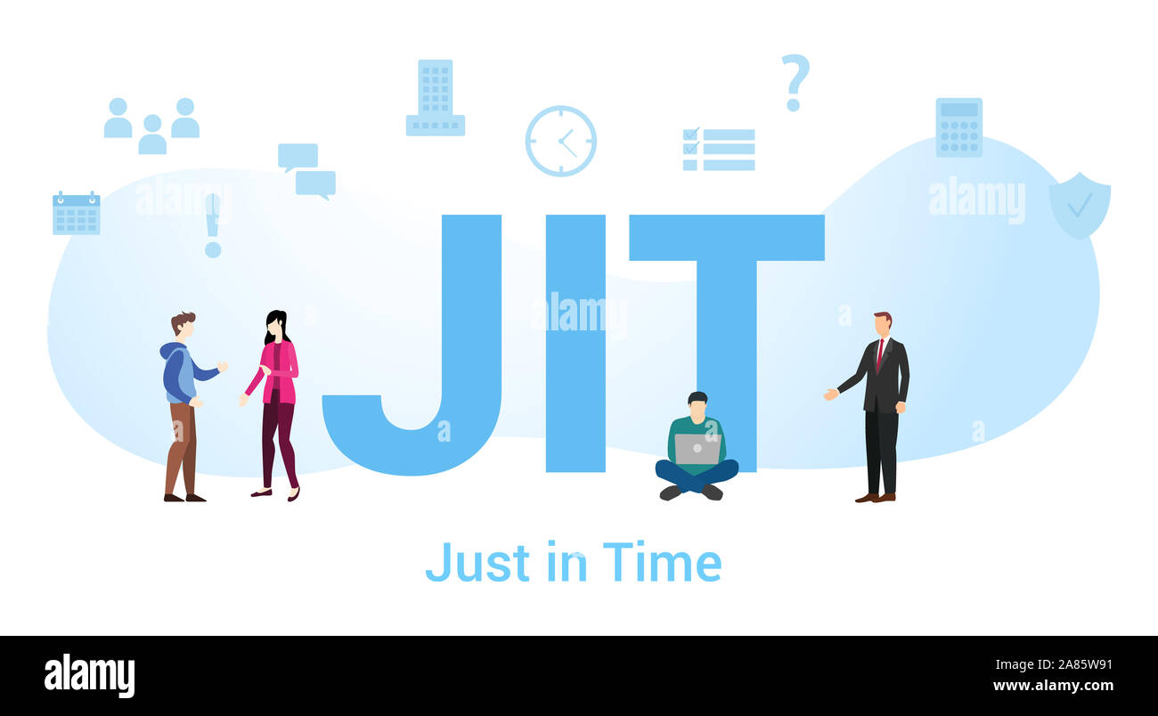 Juste à temps jit concept avec grand mot ou texte et de l'équipe de personnes avec une télévision moderne style - vector illustration Banque D'Images